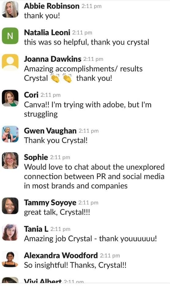 Community comments praising Crystal’s talk