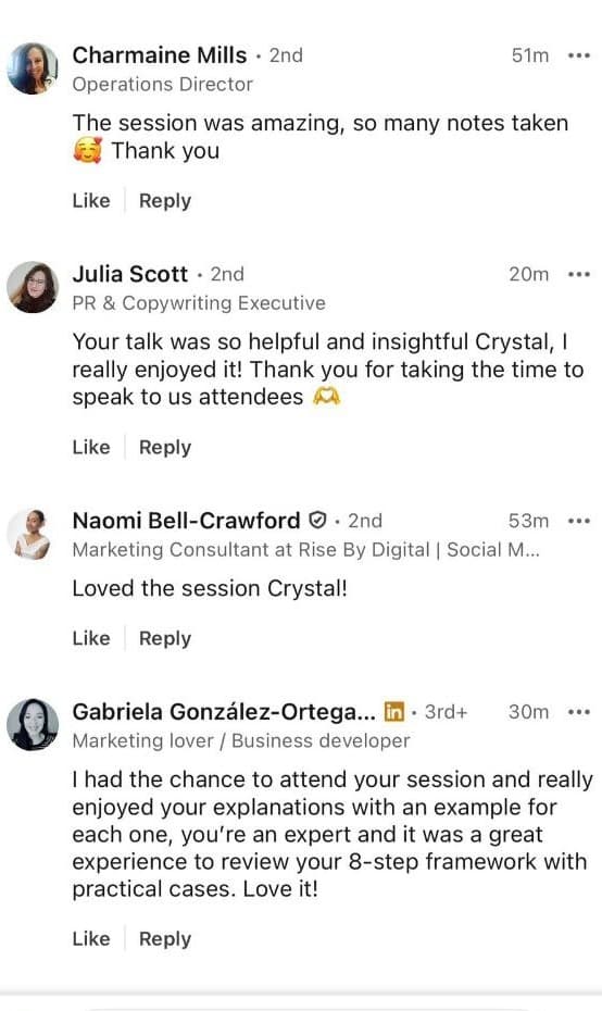 LinkedIn comments praising Crystal’s event session